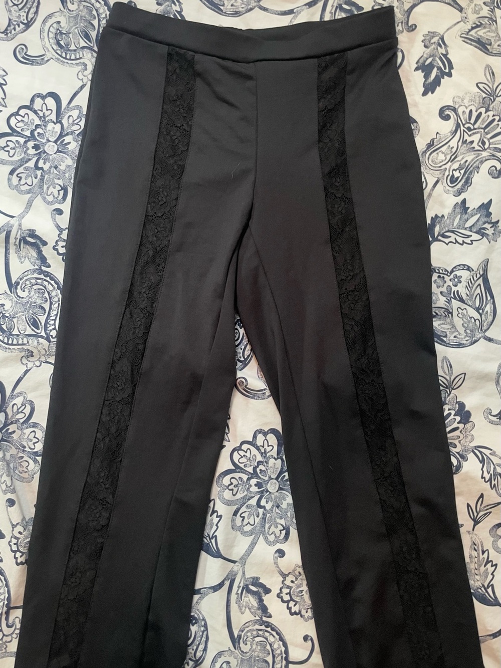 Black High Waist Flare Pants with Lace Side Stripes
